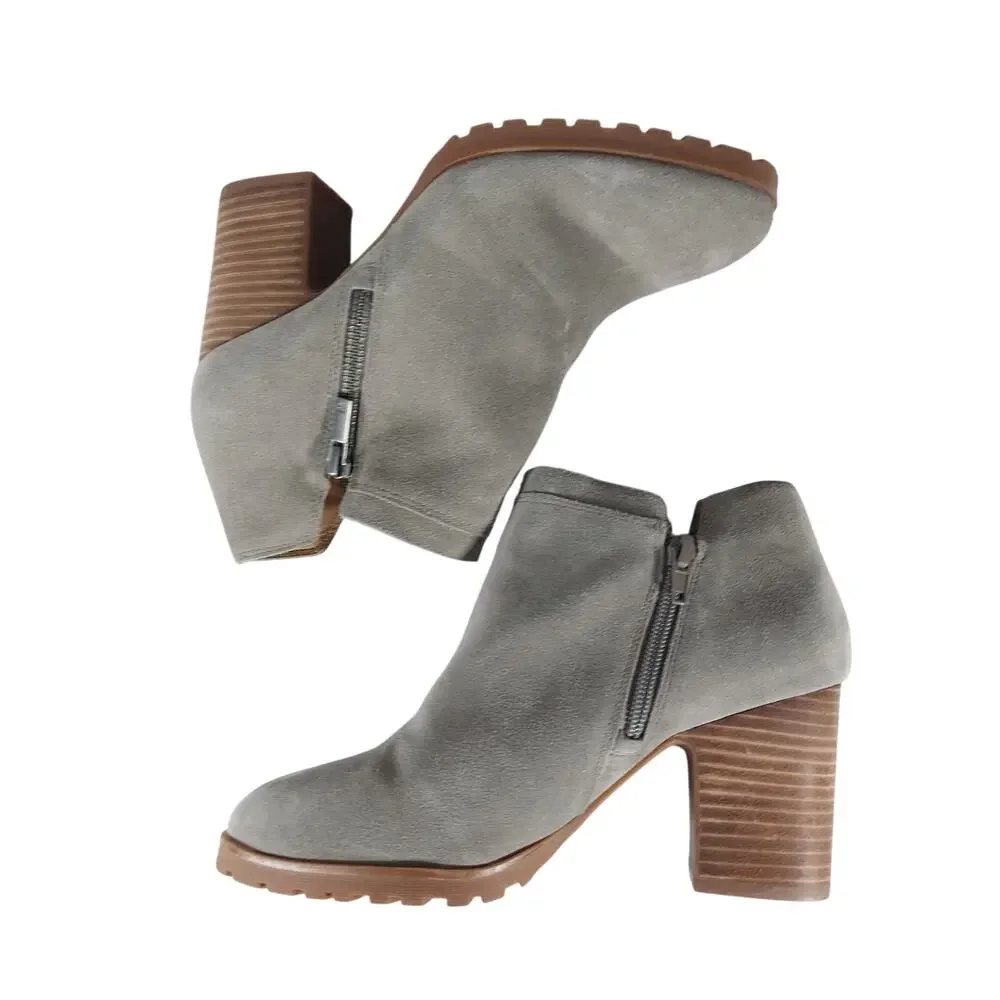 NWOT! LUCKY BRAND! GRAY GENUINE LEATHER DOUBLE ZIP, STACK HEEL ANKLE BOOTS! 7.5M